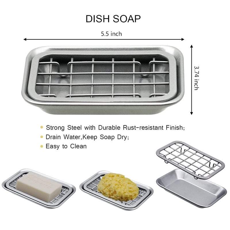 SheeChung Kitchen and Bathroom Soap Dish Tray - Metal 2-Piece Soap Dish Tray with Drainage Grid and Holder for Kitchen Sink Countertops to Store Soap, Sponges, Scrubbers - Rust Resistant (2 Pack, Silver) - Image 2